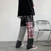 メンズパンツハイストリート格子縞のパッチワークカジュアルメンズスプリング韓国スタイルカラーコリジョンフルレングストレートレッグストリートウェア男性