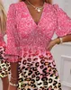 Casual Dresses Women Sweet Style Dress Pink Contrast Leopard Print Ruffle Hem Shirred Mini 2024 Spring/Summer V-Neck semester kort kjol