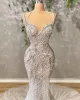 Prom Elegante Silber Kleider für Schwarze Mädchen Perlen Kristall V-ausschnitt Abschlusskleid Geburtstag Party Meerjungfrau Kleider Nigeria Vestidos De gala estidos