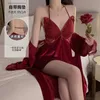 Guiruo Underwear Autumn and Winter Sexy Open Back Velvet with Chest Pads Pure Desire Sling Sleeping Dress Outer Robe Home Fury Set 4053