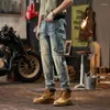 Jeans voor heren, werkkleding, ontwerp, motorfietsmode, elastische, slanke pasvorm, vintage noodlijdende skinny broek met meerdere zakken