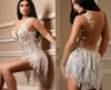 Sexy Mini Prom Dresses Sheer V Neck Beads Backless Evening Gowns Lace Appliqued With Tassel Formal Cocktail Dress Ogstuff9783133