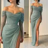 Haze Blue Mermaid Dress Ogstuff Off ramion formalne sukienki wieczorowe Eleganckie długie rękawy plisaty siatki imprezowe dla specjalnych OCNS Split Robe de Soiree