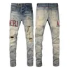 Mäns jeans europeiska amerikanska street mode mönster broderade denim byxor blå byxor elastiska täta rippade jeans