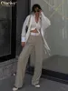 CLACIVE Elegant Loose Grey Office Women Pants Fashion High midja raka byxor Casual Chic skarvad full längd kvinnliga byxor 240311