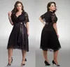 Plus Size Evening Dresses Sheer VNeck 12 Sleeves Lace Prom Dress ALine Tea Length Black Prom Gowns With Sash7972902