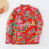 Unisex China Northeast Red Print Flower Tang Suit Jacket Autumn Winter Cotton-Padded Thickened Coat Dance Yangge Costume Ethnic Clothes