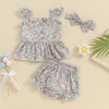 Kledingsets Babymeisjes Shorts Set Mouwhemdje met elastische taille Hoofdband Bloemen zomeroutfit