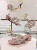 Luxury Women Rene Caovilla Floriane Sandals Shoes Satin Flowers Snake Spiral Wraps Strappy Chunky Heels Lady Party Wedding Lady Gladiator Sandalias EU35-43