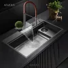 Asras Waterfall Faucet Kitchen Sinks Nanometer Stor storlek 4mm Panel Handgjorda sänkor Cup Rinser Kitchen Sinks