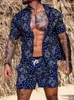 Retro geometric print two-piece set for mens summer casual short sleeved lapel shirt and short sleeved beach set for mens fashion set 240311