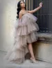 2021 Sexy Ruffles Champagne Tulle Kimono Women Evening Dresses Robe for Poshoot Puffy Strapless High Low Prom Gowns African Mat3632166