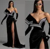Black Velvet Evening Gowns Sweep Train Off the Shoulder Mermaid Prom Dresses High Slit Pearls Vestidos Formal Celebrity Gowns6412062