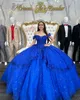 Koningsblauwe prinses quinceanera jurken off shoulder glitter pailletten applicaties vestido de quinceanera Tule Sweet 15 Maskerade Jurk