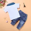 Clothing Sets Casual Boys Clothes Suits Children Short Shirt Jean Sets Kids White Shirts Trouser Baby Boys Outfits Stripe Neckerchief ldd240311