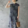 Vestidos casuais mulheres estilo chinês retro impressão botão botão vestido de linho de algodão 2024 verão simples moda confortável mt94