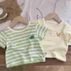 T-shirts Summer Kids Infant Boys Girls Short Sleeve Striped Top T-shirts Strap Patch Cute Animals Overalls Romper Newborn Baby Clothes L240311