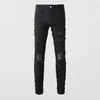 Heren jeans streetwear modemerk heren elastisch leer gepatcht designer gescheurde zwarte stretch skinny broek hiphopbroek