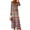 Casual Dresses Women Spring Dress Bohemian V Neck Maxi For Retro Ethnic Print Long Sleeve A-line randig Pullover Summer Style