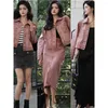 Work Dresses Women Fashion Pink Denim Jacket Solid Split Skirt One Breasted Lapel Collar Soft Long Sleeve Casual Coat/High Waist Hips Skirts