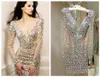 Bling strass robes de cocktail de retour robes de soirée sexy col en V profond à manches longues courte occasion spéciale pour les femmes 1069278