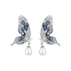 Boucles d'oreilles papillon en cristal bleu, boucles d'oreilles romantiques pour femmes, faites à la main, perles d'eau coréennes, clous féeriques