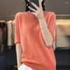 Camiseta feminina primavera e outono suéter cashmere malha pura lã merino cor sólida gola redonda manga curta camiseta.