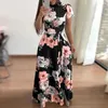 Casual Dresses Loose Fit Printed Dress Kortärmad bred hem blommig tryck maxi med hålig krage bälte midja kvinnor för sommaren