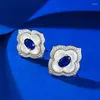 Stud Earrings S925 Silver Ear Studs Simple 4 6 Sapphire Oval Fashionable And Medieval Style