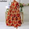 Vonda 2023 Summer Bohemian Robe Lantern Sleeve Maxi Sundress Vintage Lady Printed Pleated Long Dress Casual Belted Party Vestido 240308