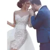 Spets 2022 korta klänningar bröllop arabisk sexig mantel brudklänningar med löstagbart tåg illusion långärmad applikationer strand brud klänning gg