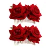 Hårtillbehör Romantisk fancy Double Silk Artificial Rose Flower Comb Purple Red Clip Wedding Bridal Lady Prom Headpiece Headwear