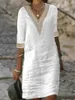 Casual Dresses Summer Cotton Linen Dressy Women's Lace Half Sleeve V Neck Pullover Dress Female Elegant Solid Color Comfortable Gown 5XL