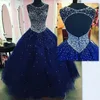 Robe de bal bleu foncé, robes de Quinceanera, mascarade, col transparent, dos nu, cristal scintillant, robes de concours pour doux 16268y, 2021