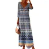 Casual Dresses Women Spring Dress Bohemian V Neck Maxi For Retro Ethnic Print Long Sleeve A-line randig Pullover Summer Style