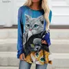 Kadın Tişört Moda Kadın Tişört Kedi Baskı Uzun Sle Üst Giyin Giyim Yüksek Kalitesi Artı Boy Boylar T-Shirt Yuvarlak Boyun Jumper 240311