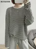 BGTEEVER Autumn Casual Striped Pullovers Women Knitted Cotton Sweatshirts Female Long-sleeved Loose Tops Tee Shirt Femme 240311