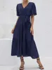 Summer Dress 2024 in Fashion Sexy Solid Black Vneck Stitched Long OverSize Office Lady ALINE Dresses for Women Streetwear 240309