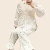 Kanten pyjamaset - 2-delige nachtkleding met zoete stippenprint, T-shirt met volledige mouw en lange broek Gezellig prinsessencomfort Zacht huiskleding240311