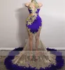 Sexy Purple Mermaid Sukienki wieczorowe 2023 Pióra Złote koraliki ASO EBI Birthday Party Sukienka Formalne suknie szatę deal Custom Made7352003