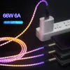 3 I 1 RGB Lätt snabb laddningstyp C -kabel 66W 6A MICRO USB C Snabbtelefonladdare Kabelkabel för Xiaomi Samsung S24 LG