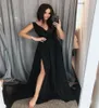 Simple V Neck Chiffon ALine Black Prom Dresses with Slit Floor Length Cheap Party Gowns Prom Long Elegant Evening Dresses3902433