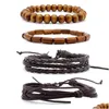 Pulseras de encanto hecho a mano trenzado Mtilayer cuerda cuero con cuentas de madera 4 unids conjunto joyería de fiesta ajustable para hombres entrega de gota dhtzg