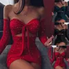 Sexy Womens SpringSummer Long Sleeved Bright Crystal Bra Lace Hollow Mini Dress Elegant Red Slim Fit Vestidos 3XL 240308