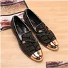 Wedding Shoes Casual Formal For Men Black Genuine Leather Tassel Gold Metallic Mens Studded Loafers 3 Colors234K Drop Delivery Party Dhhav