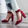 Klänningskor 2024 Kvinnor Pumpar Fashion Party Wedding Super Square High Heel Pointed Toe Red Wine Ladies Storlek 34-43