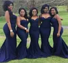 African Spaghetti Straps Mermaid Bridesmaid Dresses Dark Navy Sheath Bridesmaid Gowns Low Back Wedding Guest Dresses Formal Party 1264925