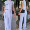 Women's Two Piece Pants Casual Women Suit Formal Top Set With Lapel Color Matching Wide Leg Straight Design For Office Commute Short