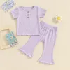 Kleidungssets Kleinkind Baby Mädchen Sommerkleidung Einfarbig Kurzarm T-Shirt Gerippte Schlaghose 2-teiliges Set 6M-4T