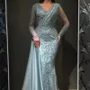 Arabic Dubai Turkish Long Sleeves Women Evening Dresses Mermaid V Neck Overskirts Ruched Satin Formal Ocn Party Gowns Embroidery Lace Beaded Vestidos CL2284